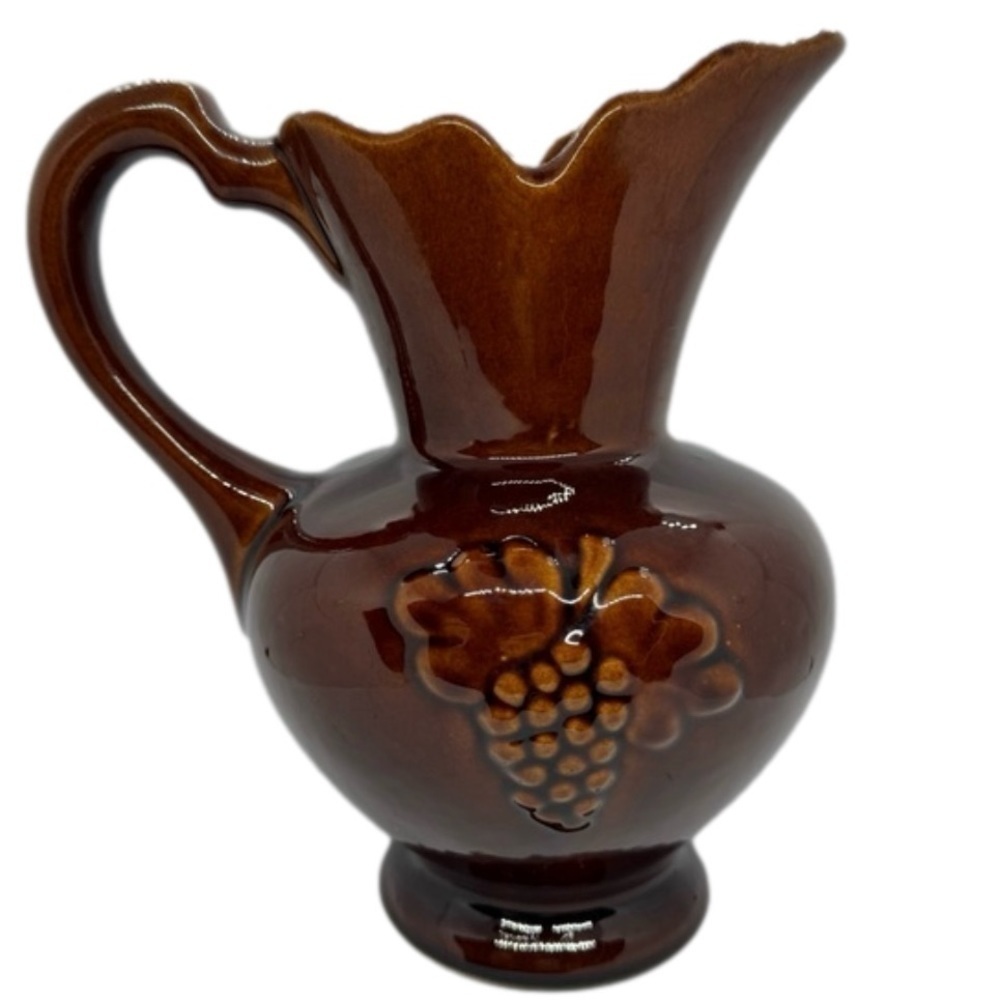 Vintage Brown Drip Grape Ceramic Pitcher Planter with Scalloped Top